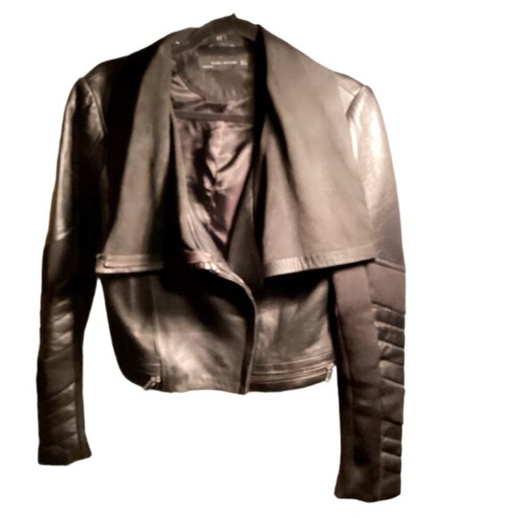 Zara Black Vegan Leather Jacket double breasted Zipper Stretch Sleek Design L - Picture 1 of 6
